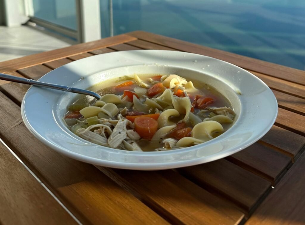 A bowl of chicken noodle soup on a balcony table overlooking a serene waterfront cityscape.