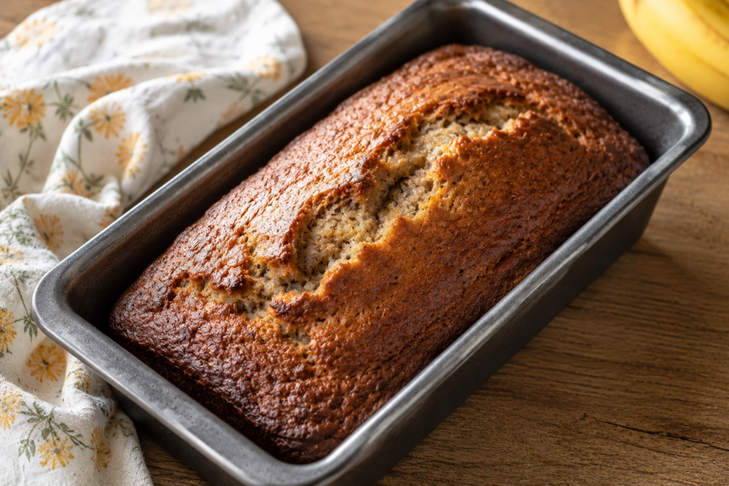 A loaf of homemade banana bread sliced on a wooden board