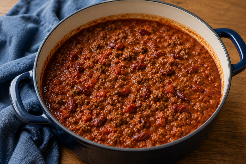A bowl of hearty beef chili topped with cheese and green onions
