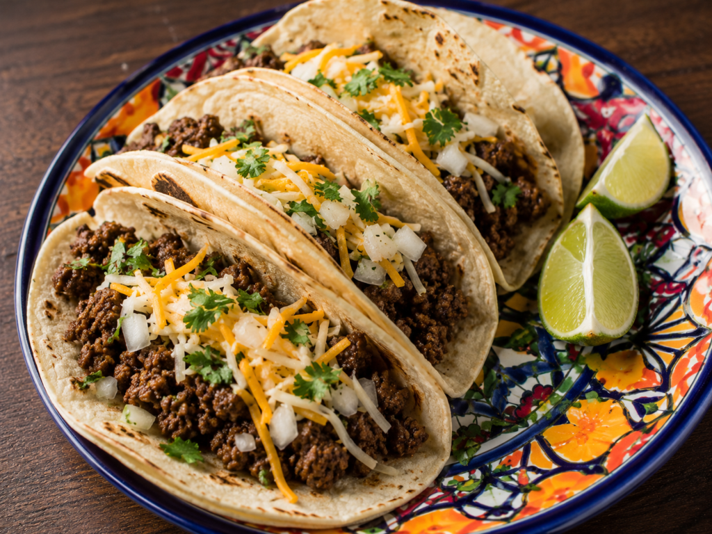 Beef tacos topped with cheese, lettuce, and fresh cilantro with lime wedges