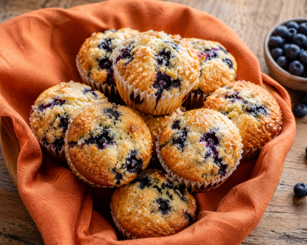 Golden blueberry muffins with sugar-topped crowns in a muffin tin