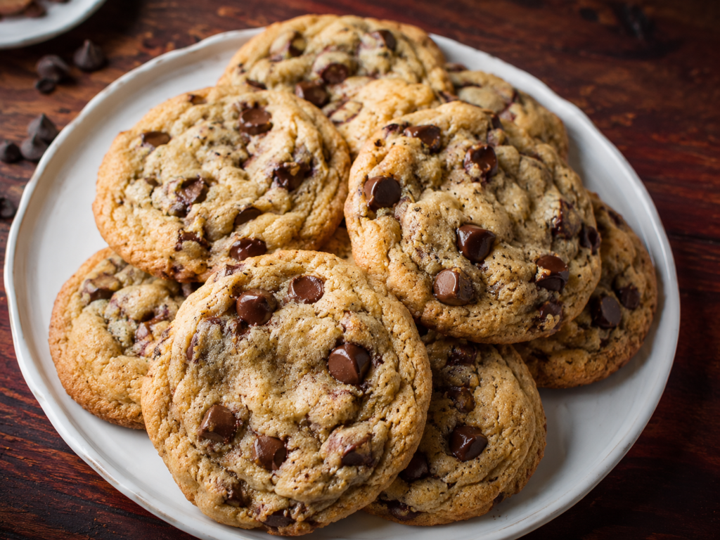 Freshly baked chocolate chip cookies with melty chocolate and flaky sea salt