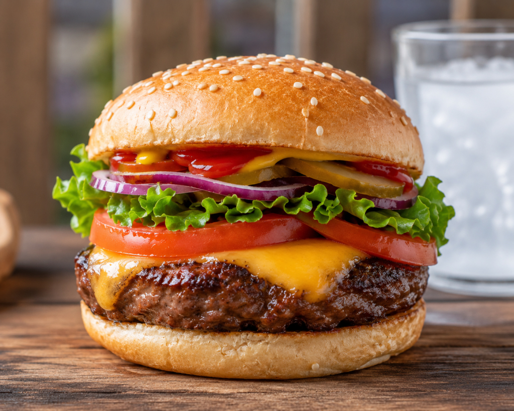 A juicy classic beef burger with lettuce, tomato, and cheese on a toasted bun