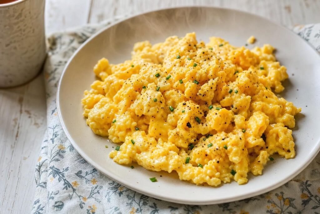 Soft, creamy scrambled eggs on a plate garnished with chives