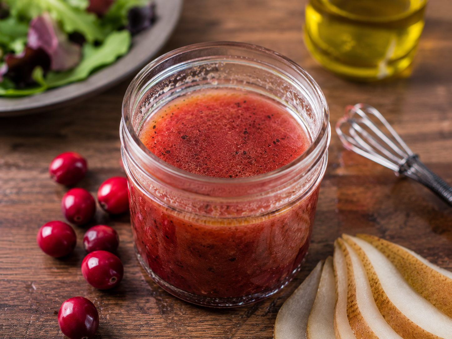 A jar of homemade cranberry-pear vinaigrette next to fresh greens