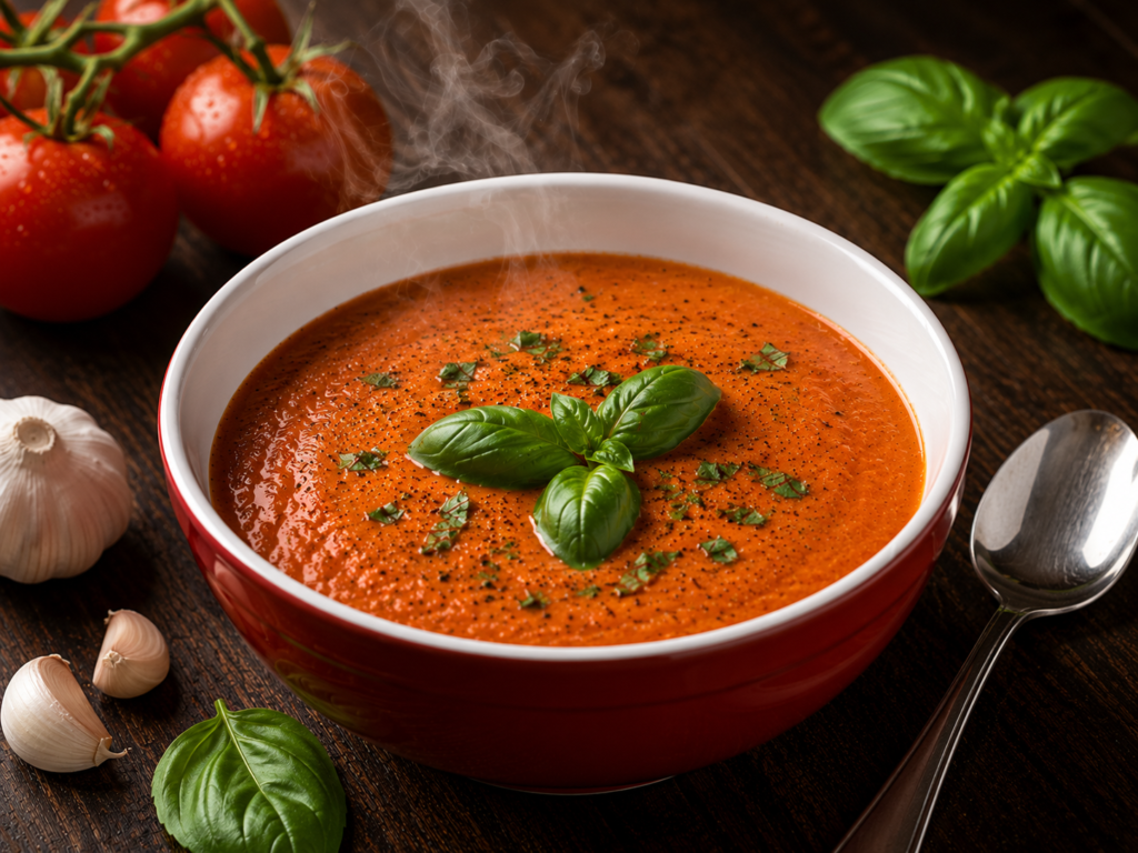 A bowl of creamy tomato basil soup garnished with fresh basil