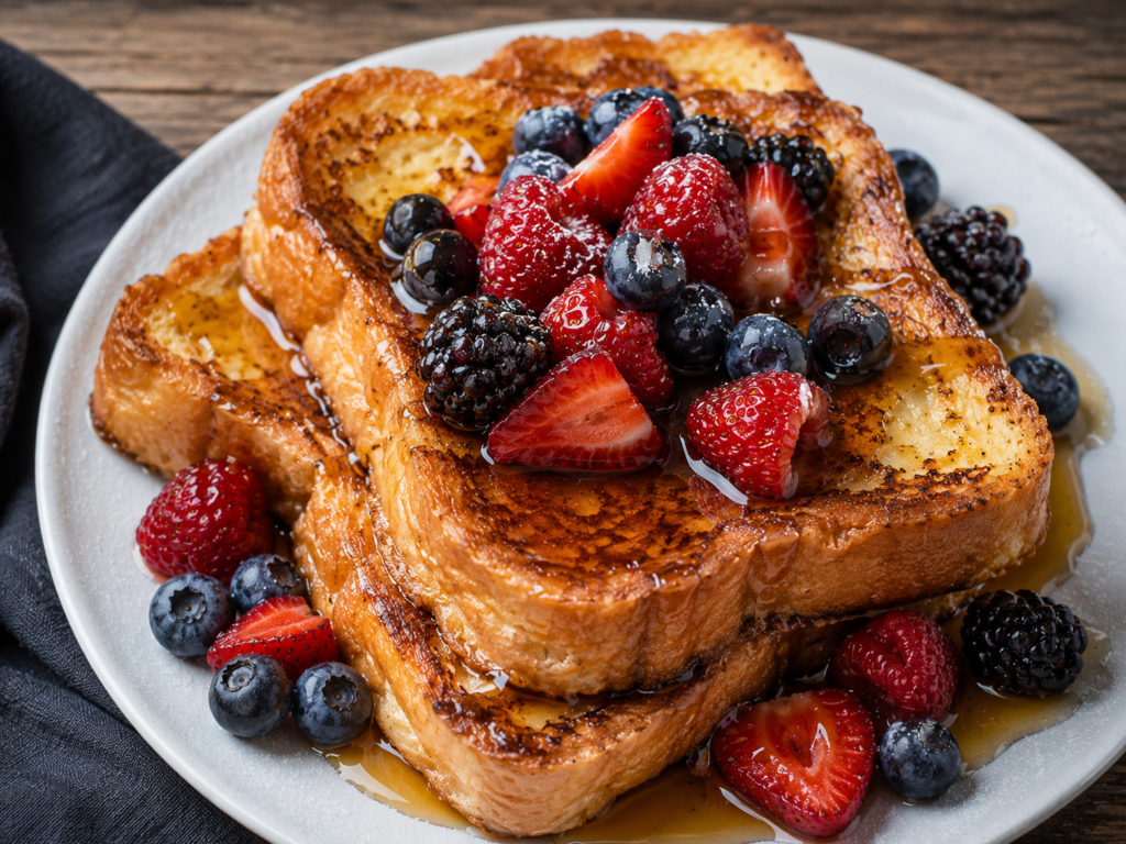 Golden French toast stacked and topped with berries and maple syrup