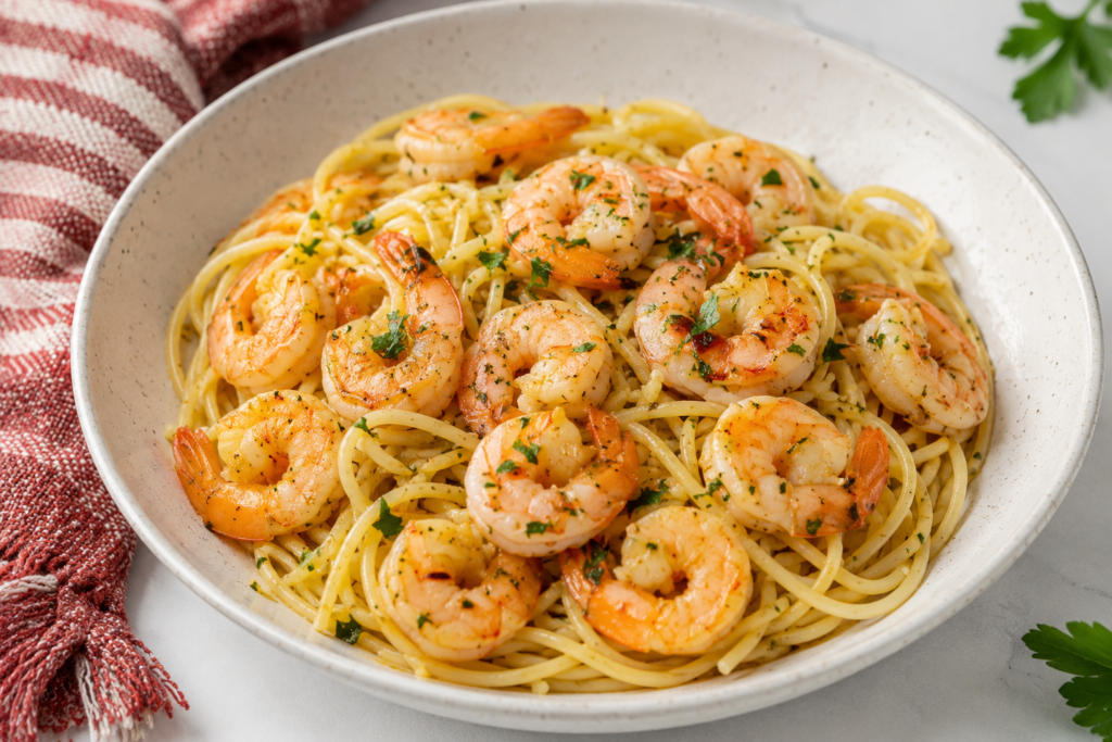 Garlic butter shrimp pasta with parsley in a skillet