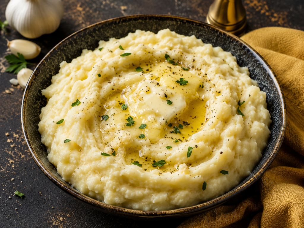 Creamy garlic mashed potatoes in a bowl topped with butter and chives
