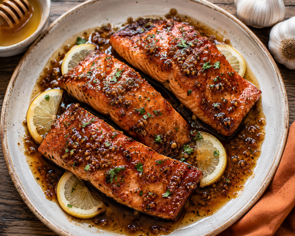 Honey garlic glazed salmon fillets garnished with sesame seeds and green onion