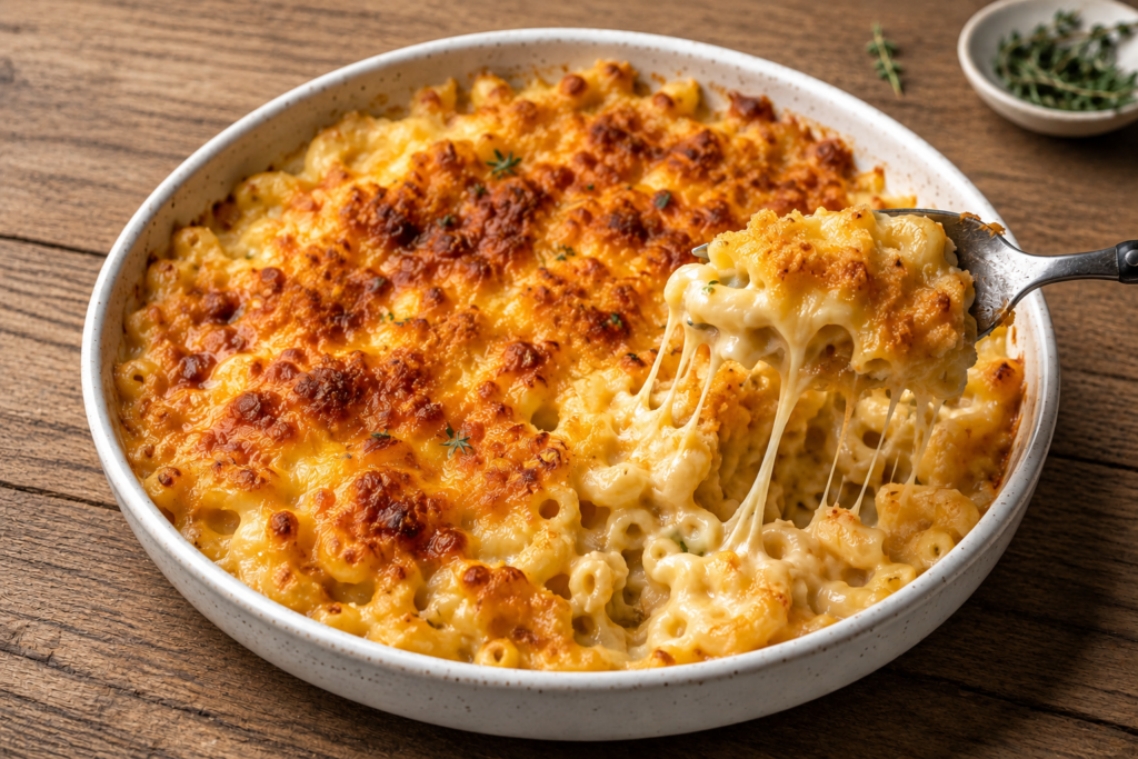 Creamy homemade mac and cheese in a baking dish