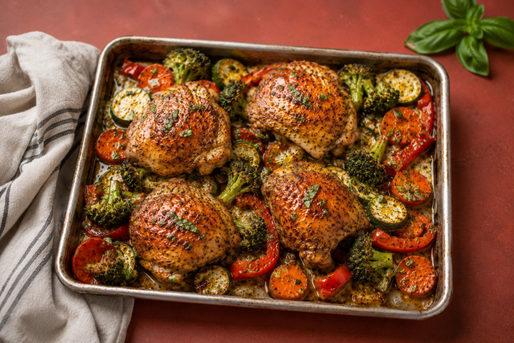 Sheet pan chicken thighs with roasted vegetables fresh from the oven