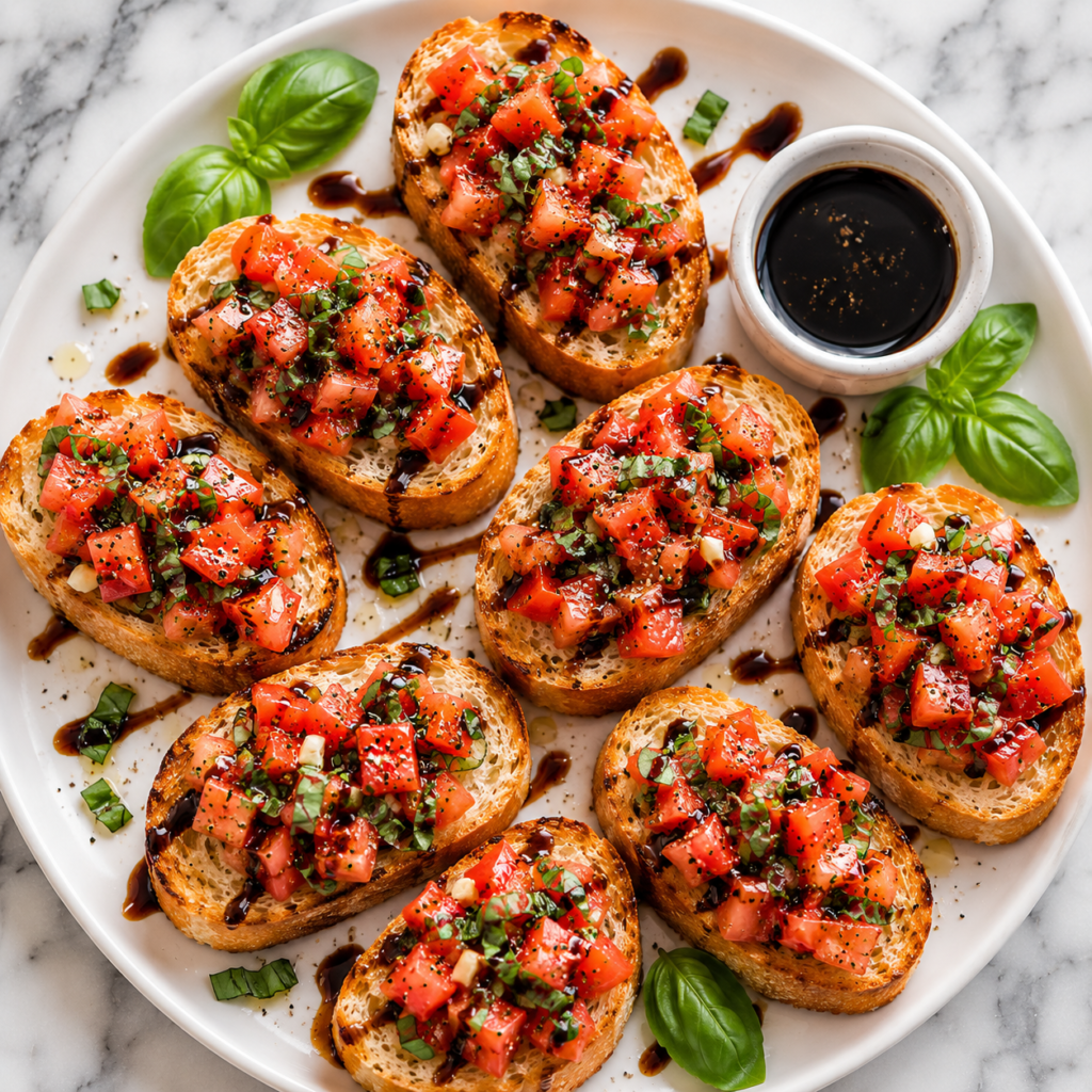 Tomato bruschetta on toasted baguette slices topped with fresh basil