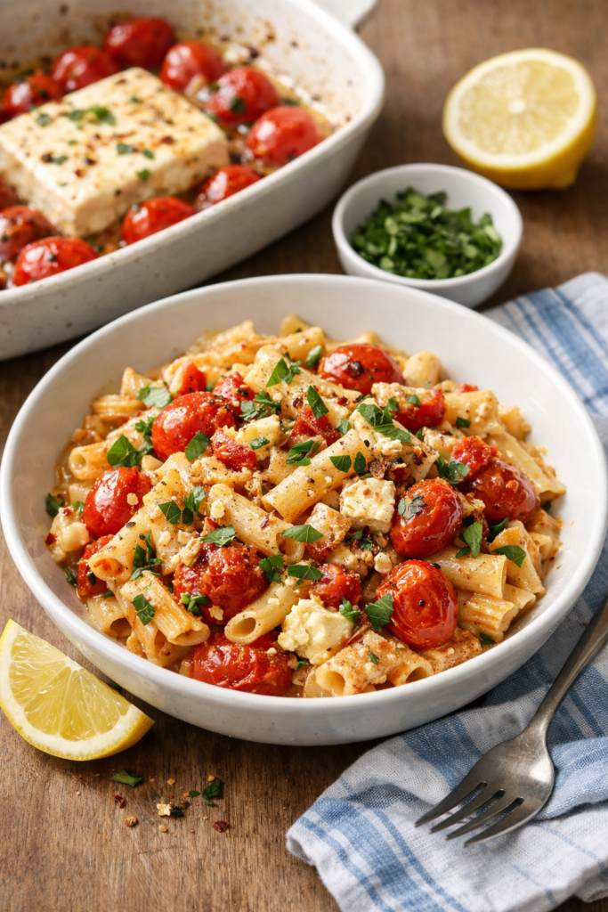 Baked feta and tomato pasta in a white dish with fresh basil and cherry tomatoes